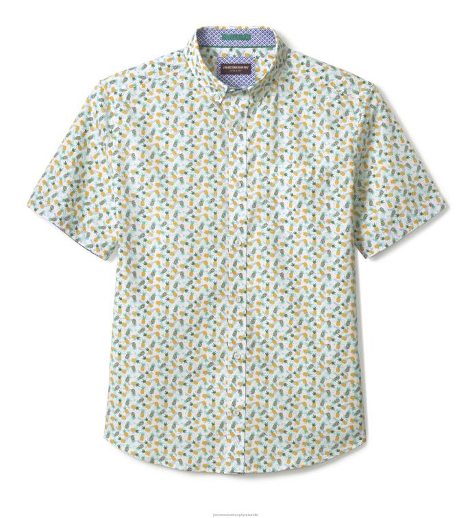 Apparel White/Multi Pineapple XB6RX419 Johnston & Murphy Men Printed Cotton Short-Sleeve Shirt - Image 3