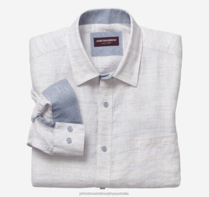 Apparel White Slub XB6RX583 Johnston & Murphy Men Washed Linen-Blend Shirt