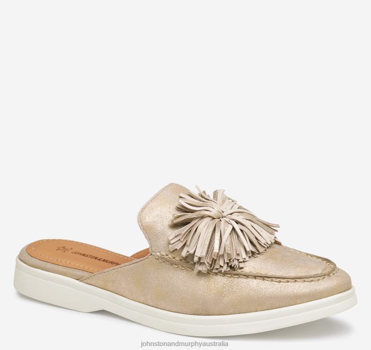 Shoes Gold Metallic Kid Suede XB6RX1208 Johnston & Murphy Women Darlene Fringed Mule - Image 1