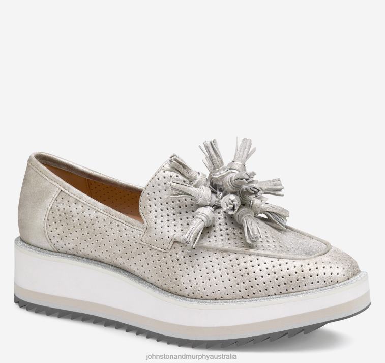 Shoes Silver Metallic Kid Suede XB6RX1202 Johnston & Murphy Women Gracelyn Perfed Tassel Slip-On - Image 1